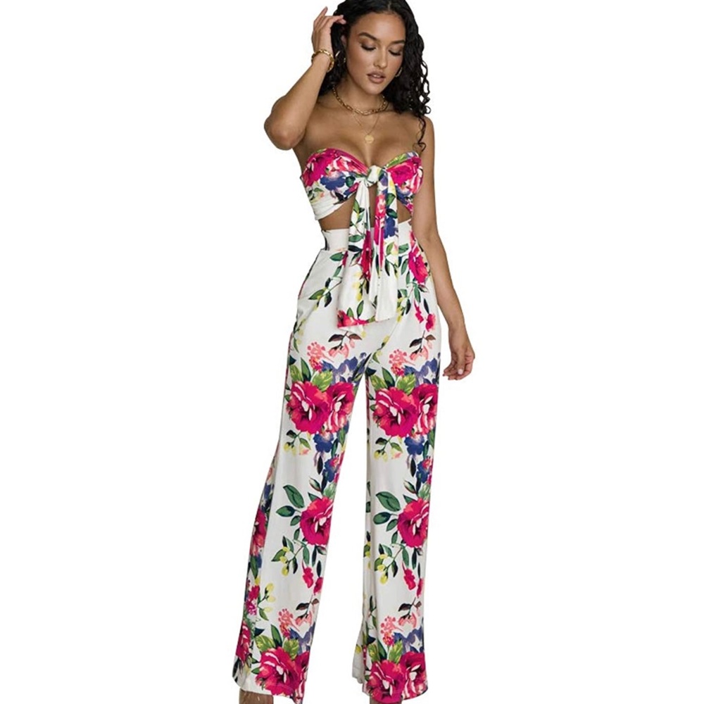 Floral 2 Piece Set - Crop Top & Wide Leg Pants